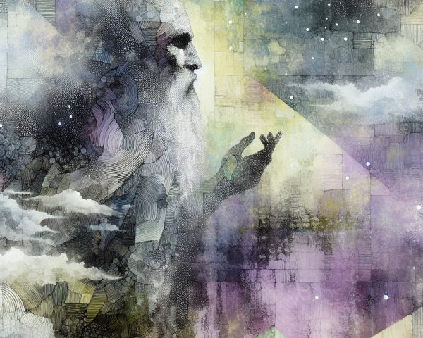 Ethereal figure with beard in abstract watercolor art
