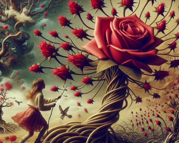 Whimsical Scene of a Girl and Giant Rose in Fantasy