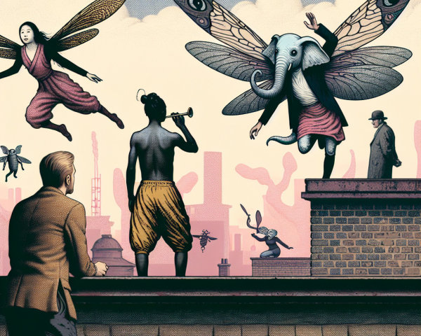 Surreal Urban Scene with Winged Creatures and Cityscape