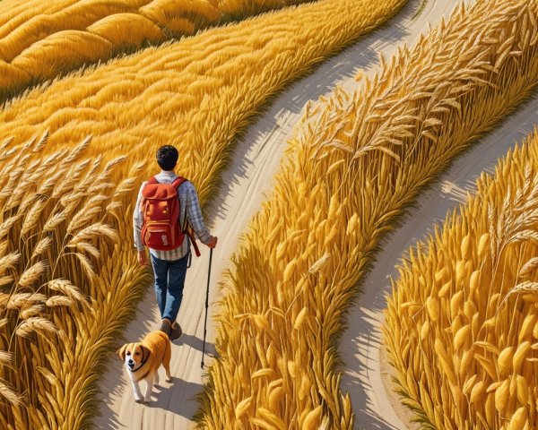 Person with red backpack walking in wheat fields
