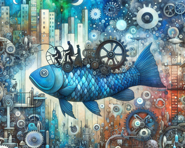 Whimsical Blue Fish Over Surreal Steampunk Cityscape