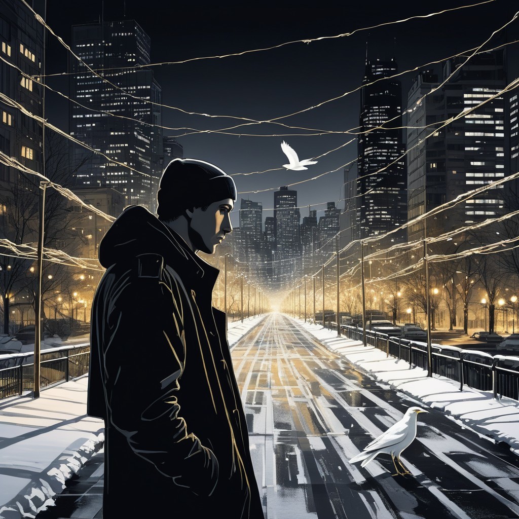 Solitary Figure on Snowy Urban Street at Night