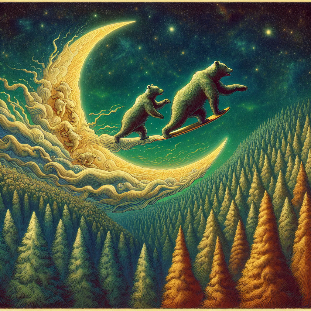 Bears Riding a Crescent Moon Over Pine Hills