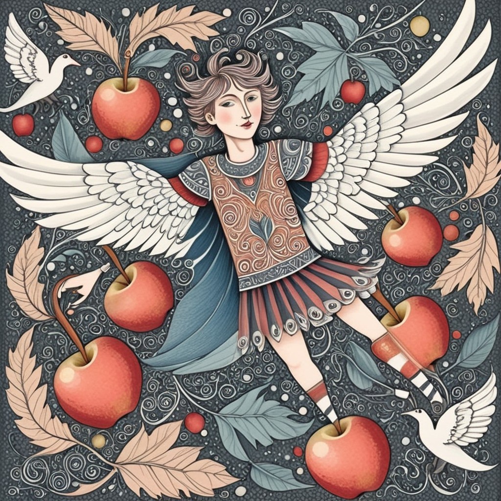 Ethereal Figure with Wings Surrounded by Apples and Doves