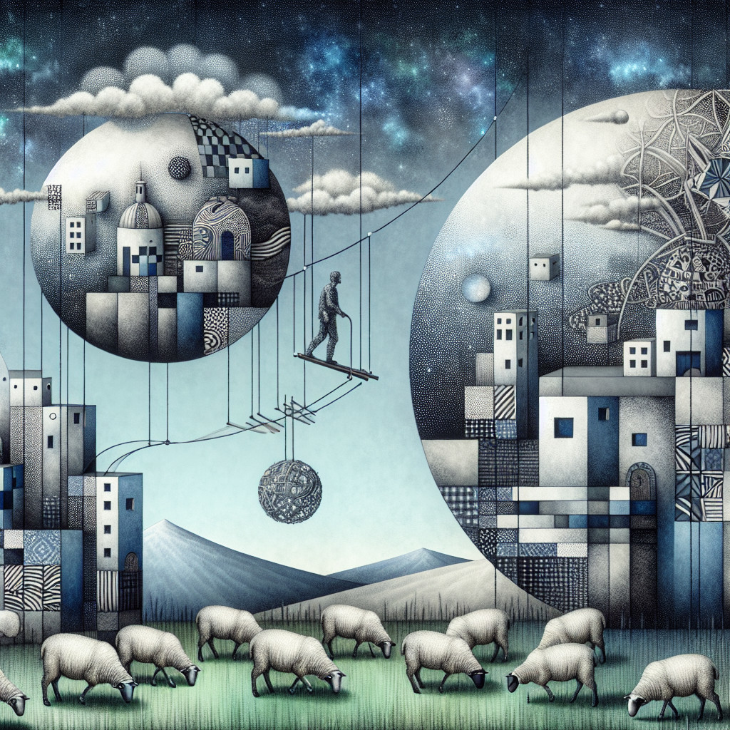 Surreal Landscape with Geometric Shapes and Celestial Bodies