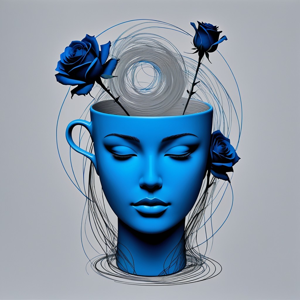 Blue Human Head Sculpture with Roses and Swirling Lines