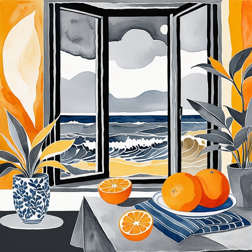 Picturesque Window Scene with Ocean View and Oranges