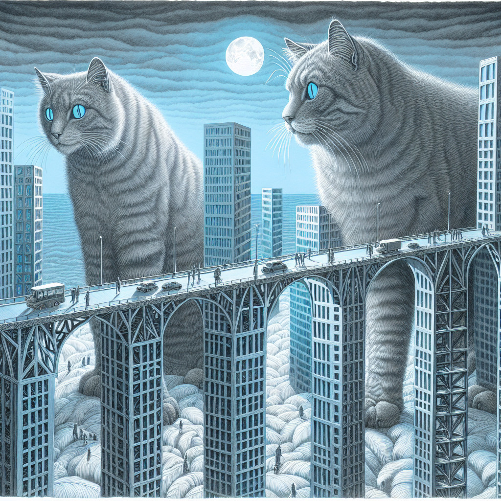 Giant Striped Cats Overlook a Surreal Cityscape