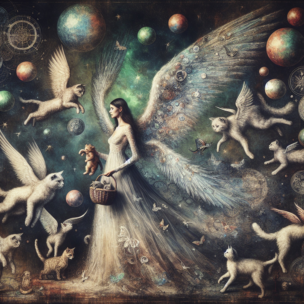 Dreamlike Scene of Winged Figures and Kittens