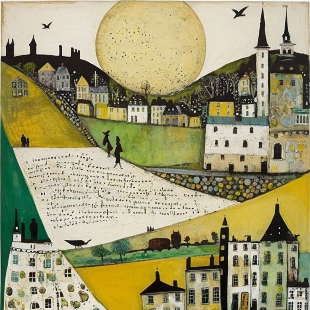 Whimsical Landscape with Colorful Houses and Sun