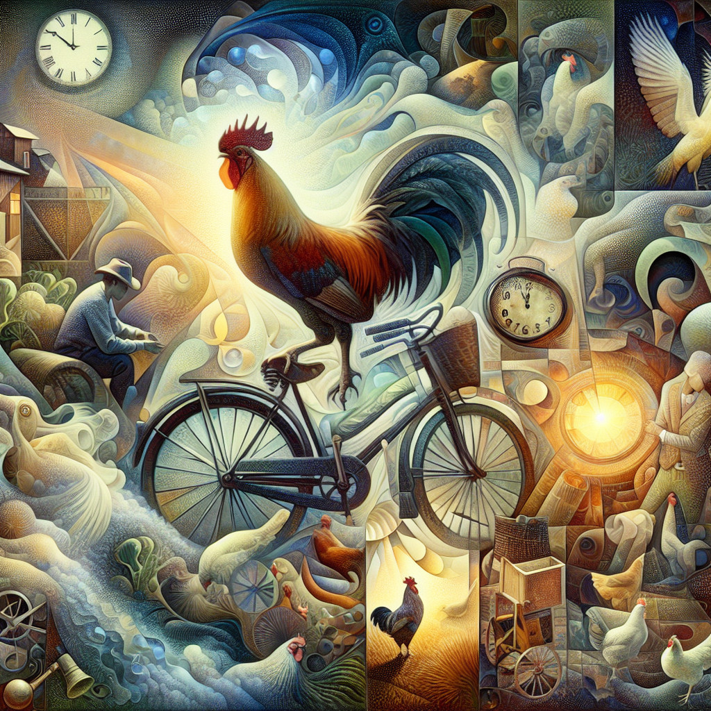Surreal Scene of Rooster on Bicycle with Whimsical Elements