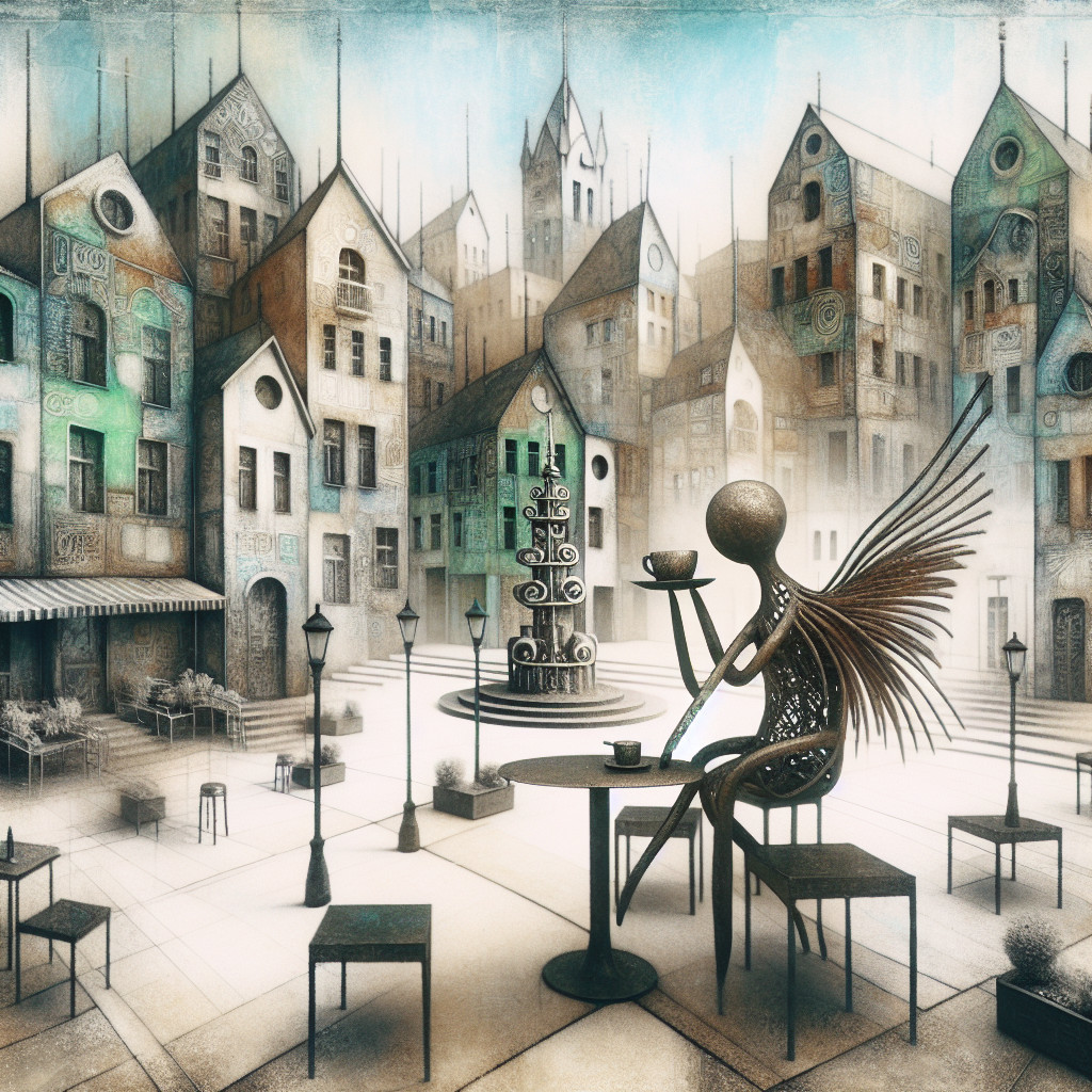 Whimsical City Square with Surreal Architecture and Wings