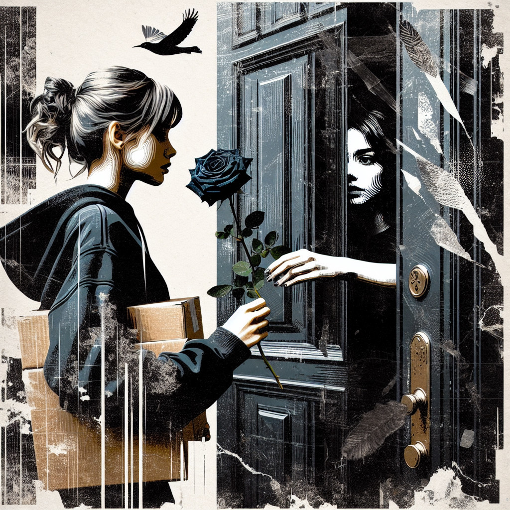Young woman with box and rose at door with mystery