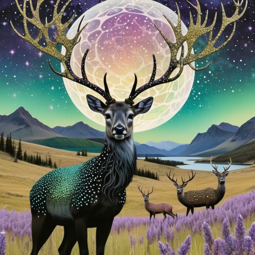 Majestic stag in vibrant landscape with glowing moon