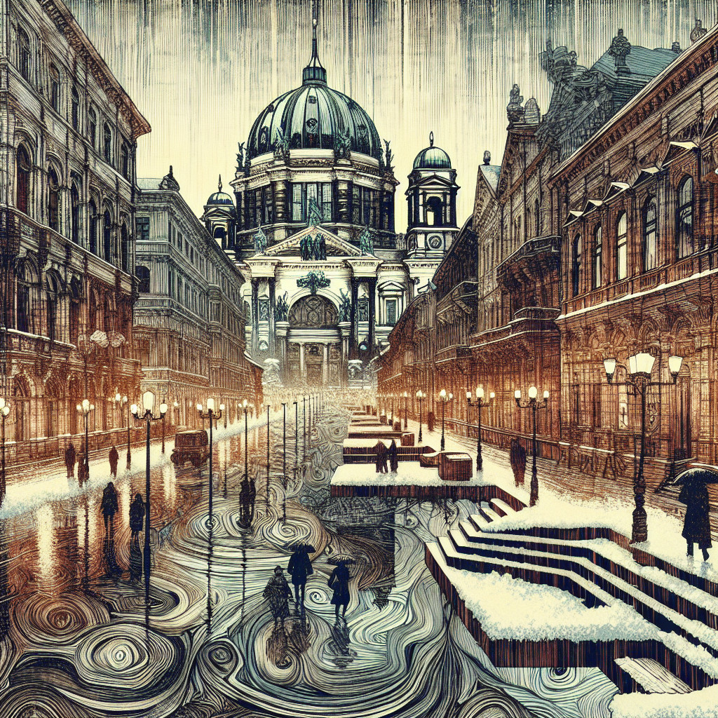 Winter City Street with Snowy Pavement and Dome