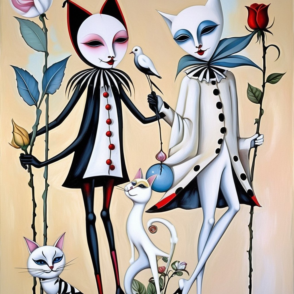 Whimsical Cat Figures in Playful Theatrical Attire
