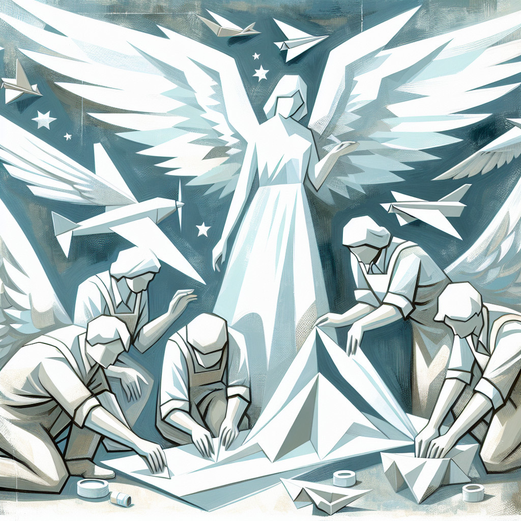Angel with White Wings Among People Crafting Origami