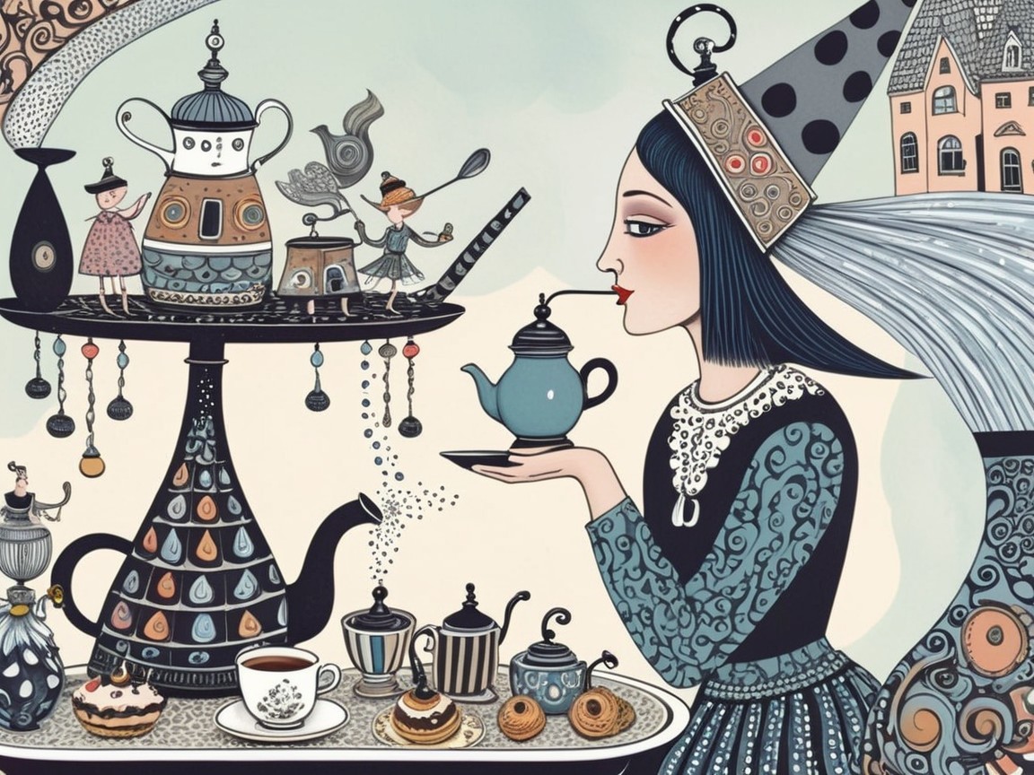 Whimsical Illustration of a Fantasy Tea Party Scene