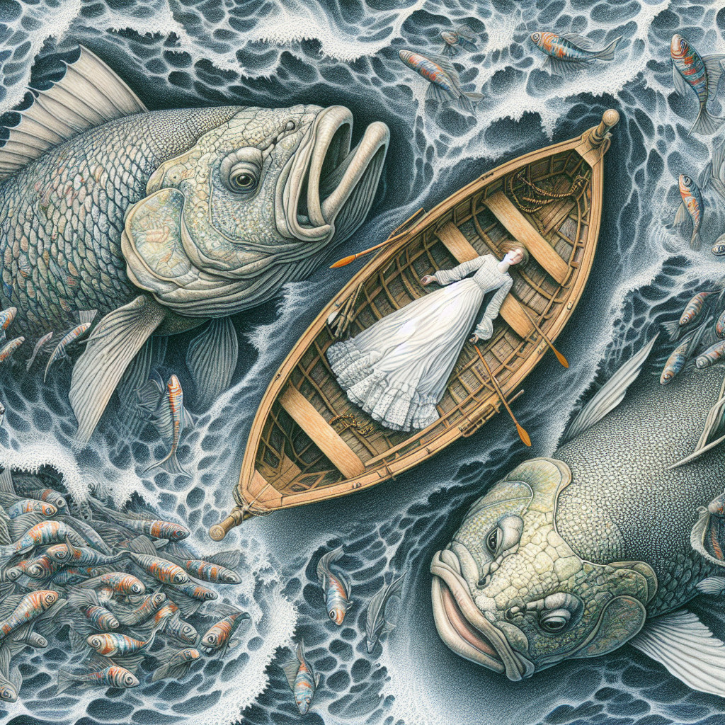 Surreal Scene of Woman in Boat Amid Giant Fish