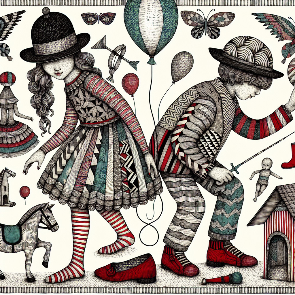 Whimsical Illustrated Scene of Children and Playful Elements