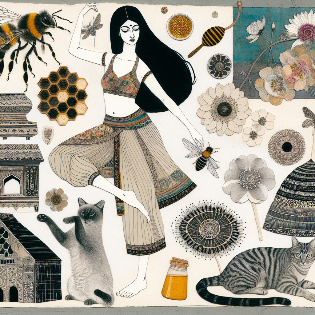 Collage of Dancer with Bees, Flowers, and Cats