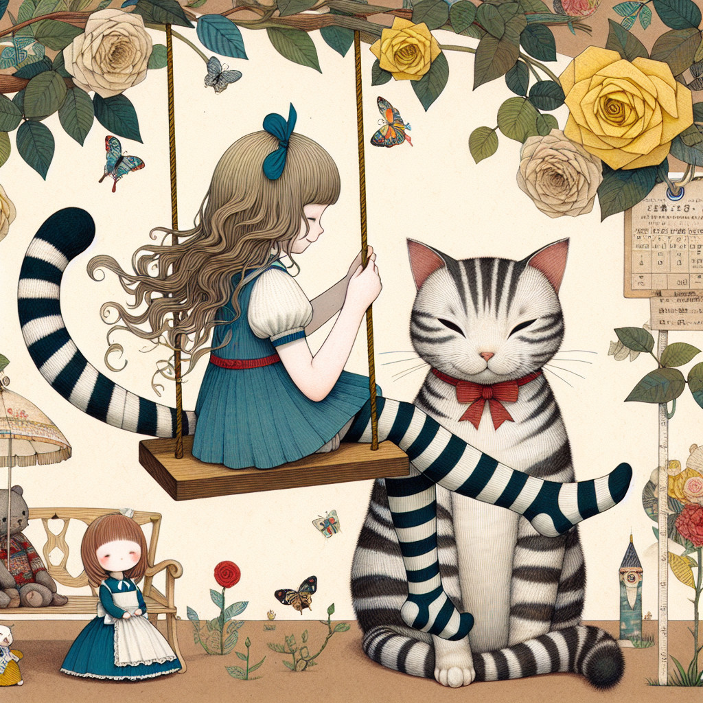 Whimsical Scene of a Girl Swinging with a Cat
