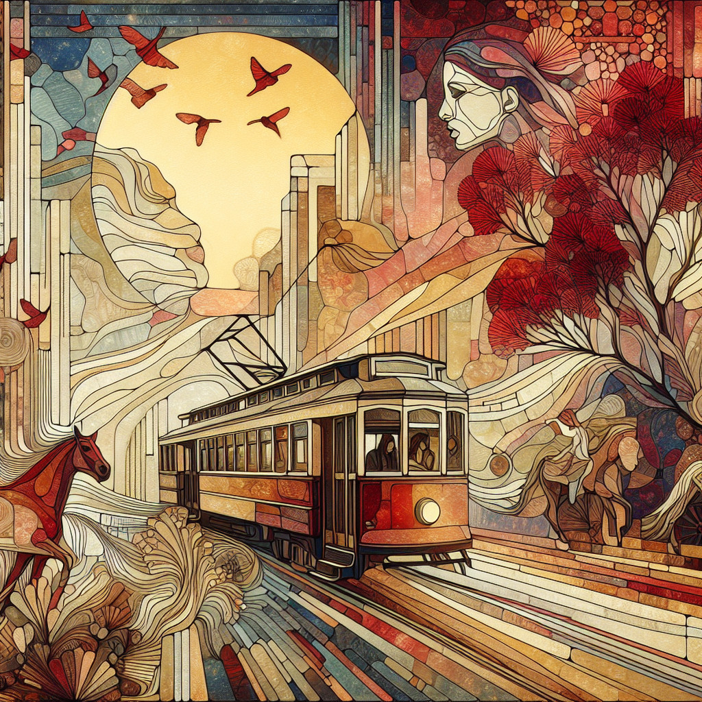 Stained-glass scene of a tram in a vibrant landscape