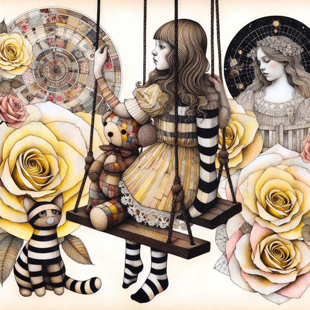 Girl on a Swing Surrounded by Roses and Patterns