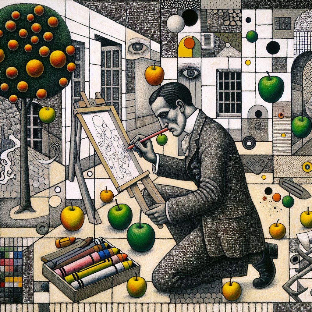 Artist Sketching in a Surreal Geometric Environment