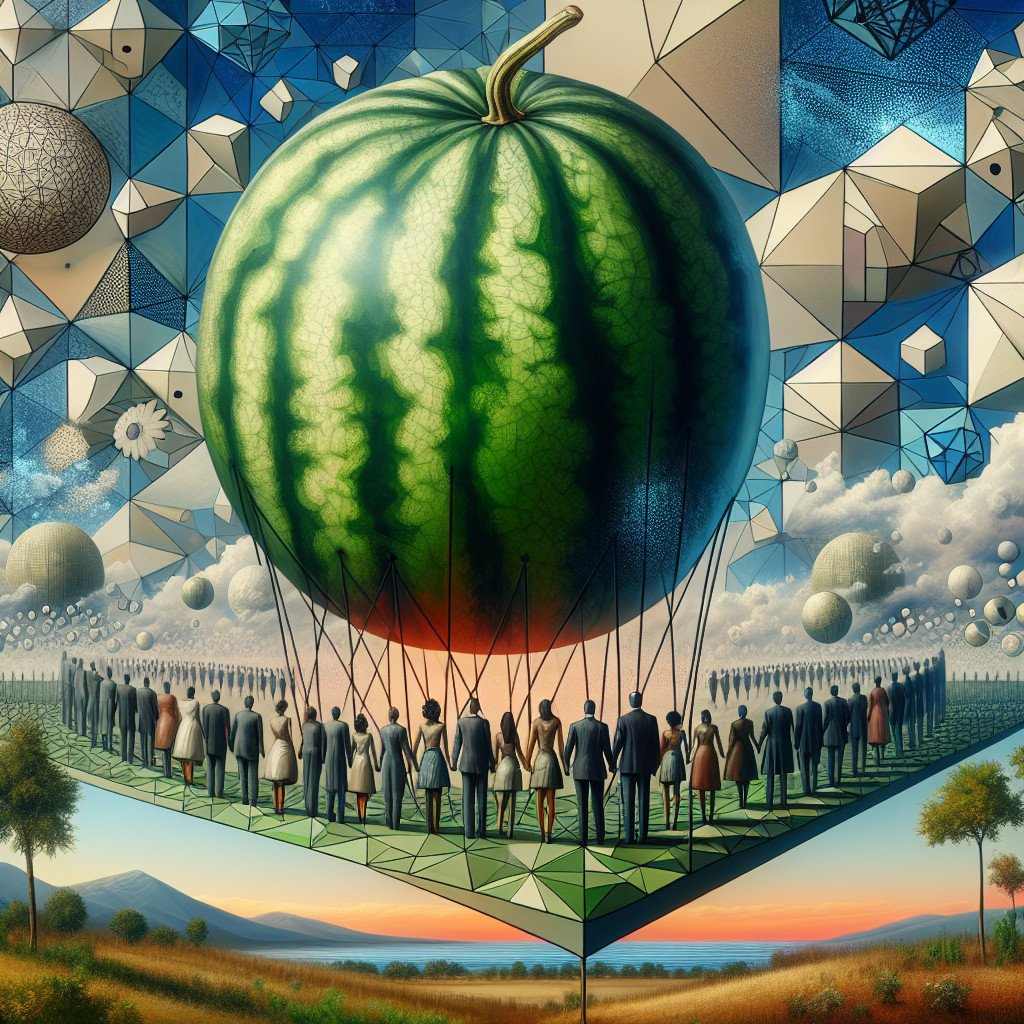 Colossal Watermelon Hovering Over a Colorful Crowd