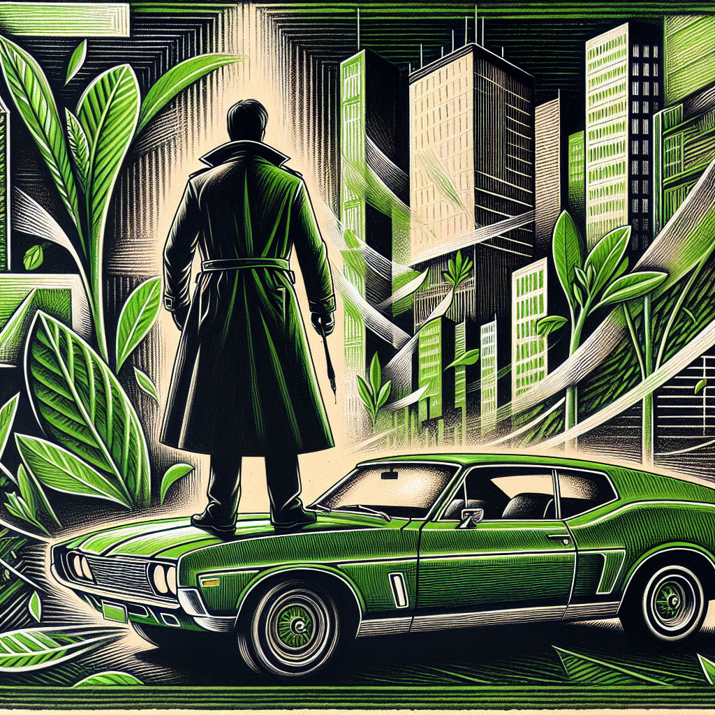 Figure in Trench Coat on Classic Car in Cityscape