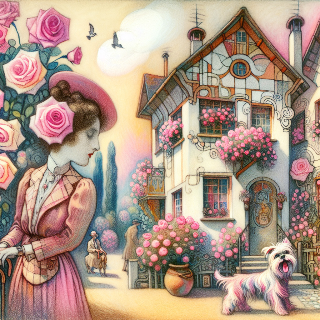 Pastel Scene with Woman, Dog, and Whimsical House