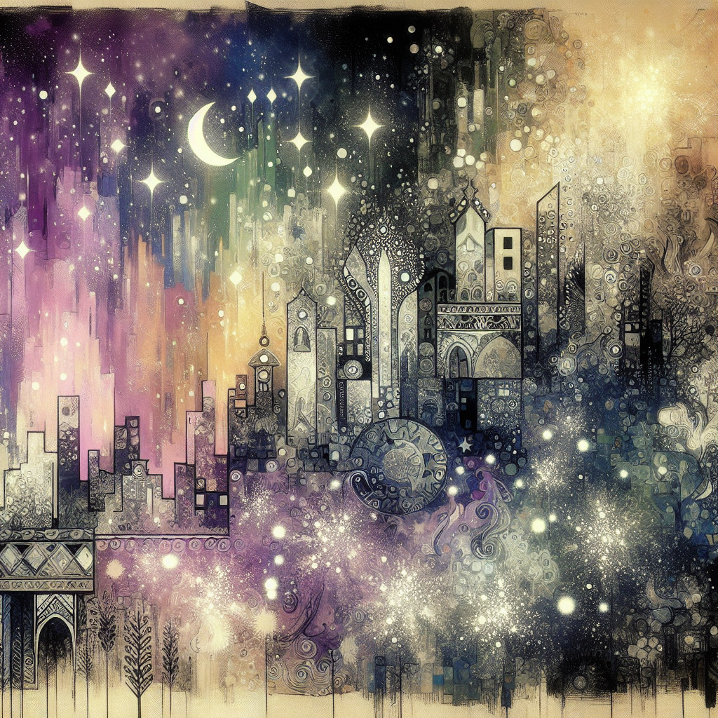 Whimsical Cityscape Under Twilight Sky with Stars