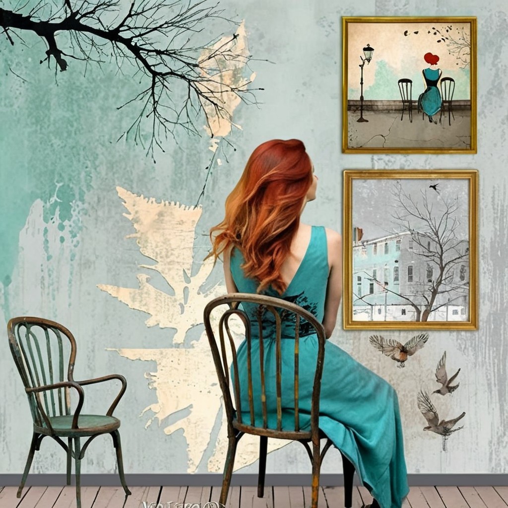 Woman with Red Hair in Vintage Chair Surrounded by Art