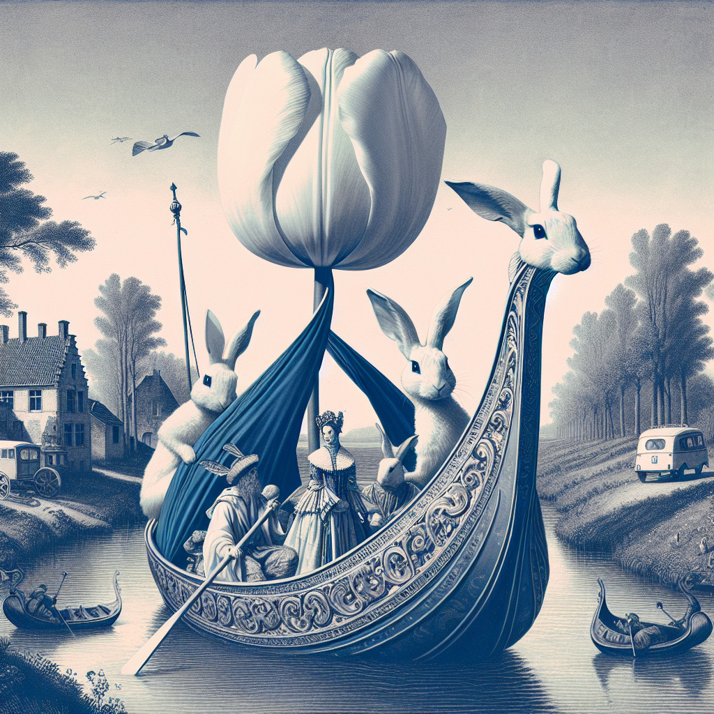 Rabbits in a Tulip Boat on a Serene Waterway Scene