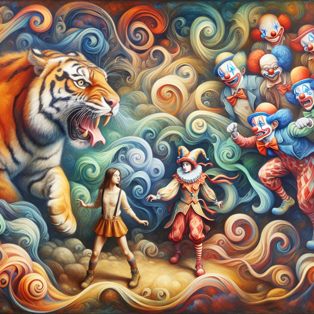Surreal Artwork of Tiger, Girl, and Whimsical Clowns