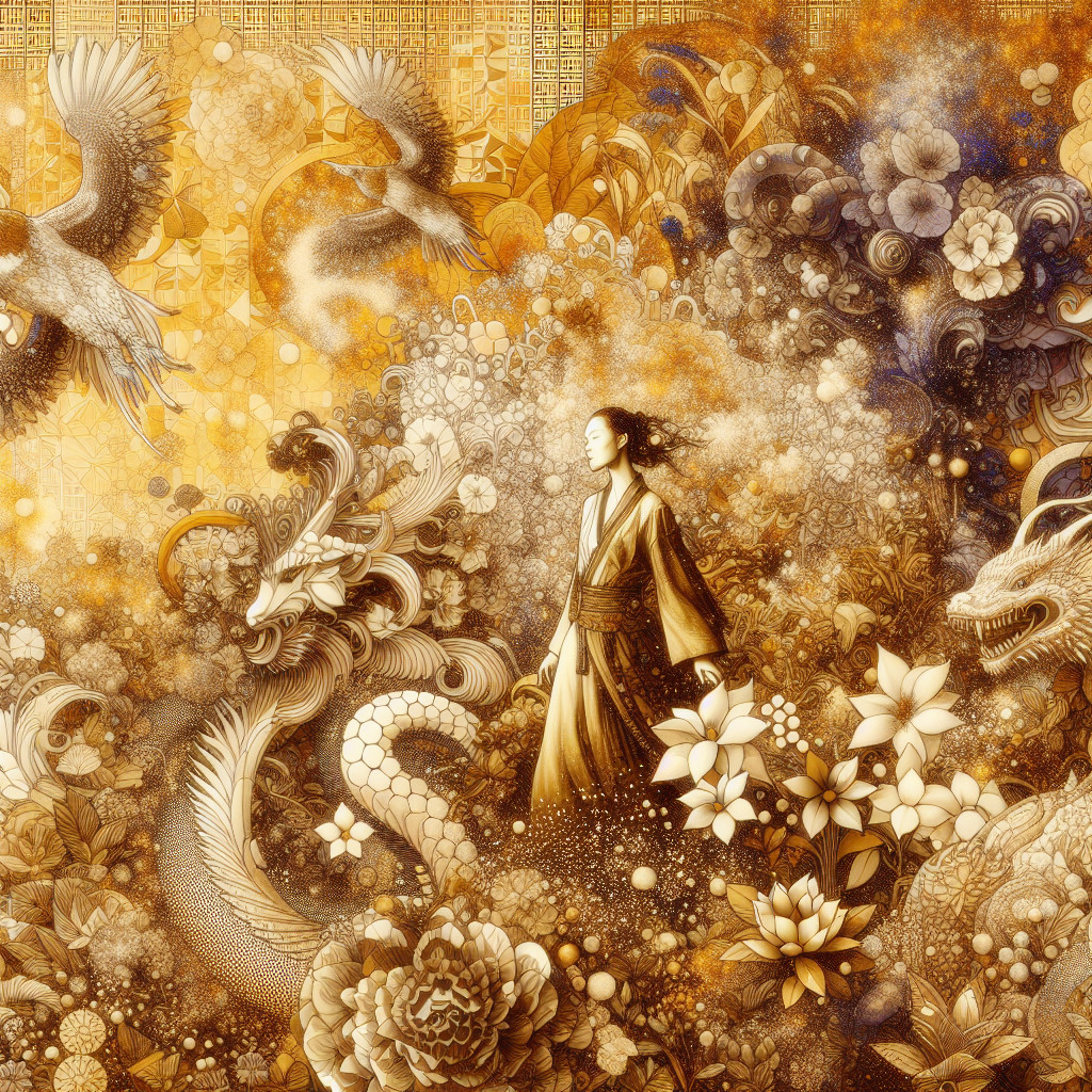 Serene Figure in Traditional Attire Among Flowers and Creatures