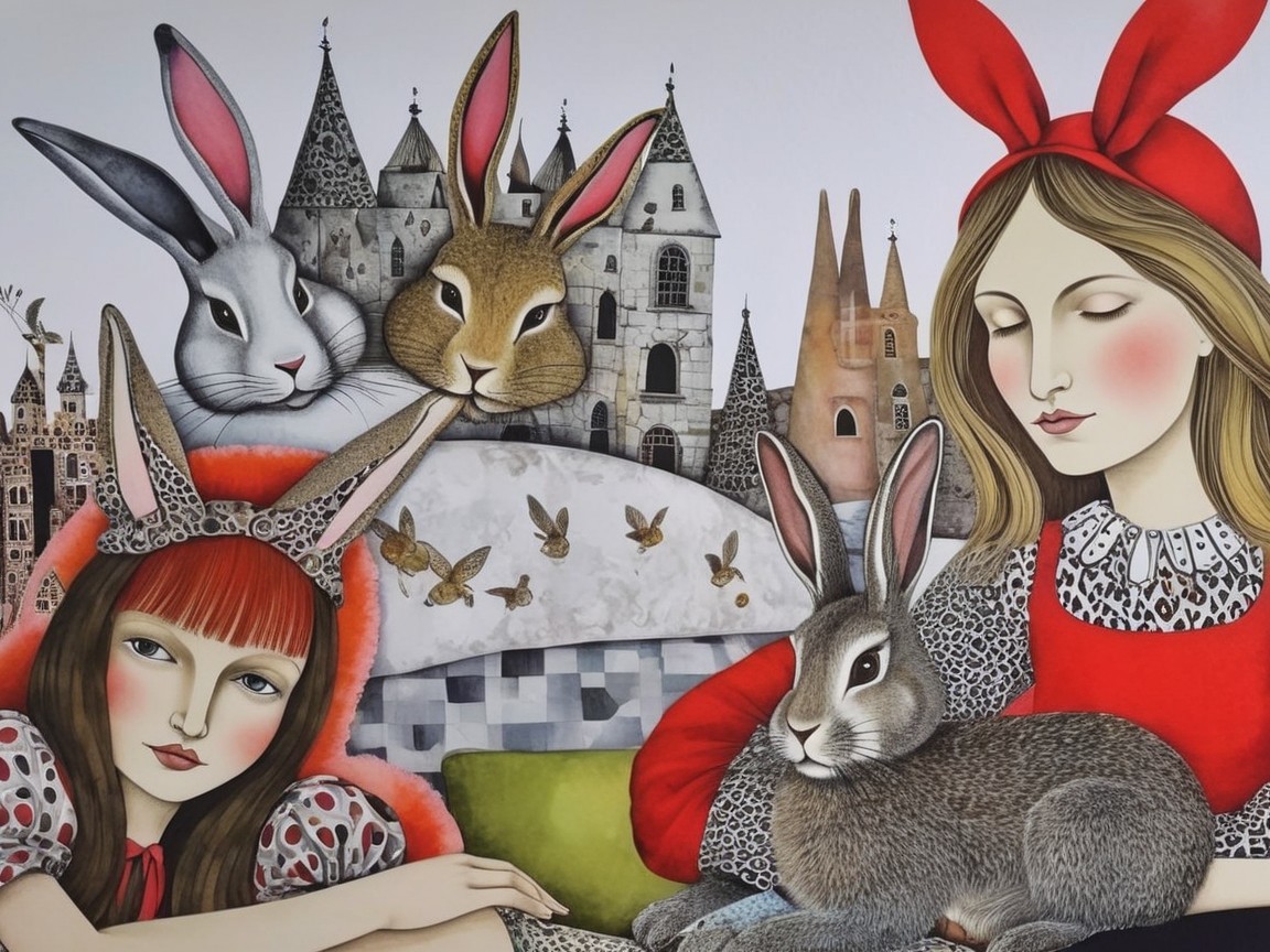Whimsical Scene of Two Girls and Rabbits with Castles