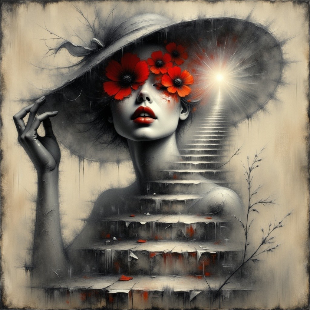 Portrait of a woman in a hat with red flowers