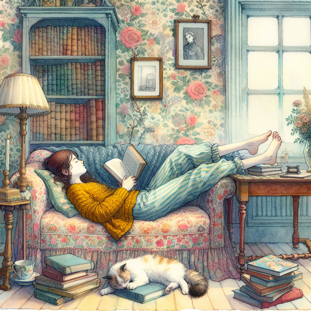 Cozy Room with Woman Reading and Relaxing Cat