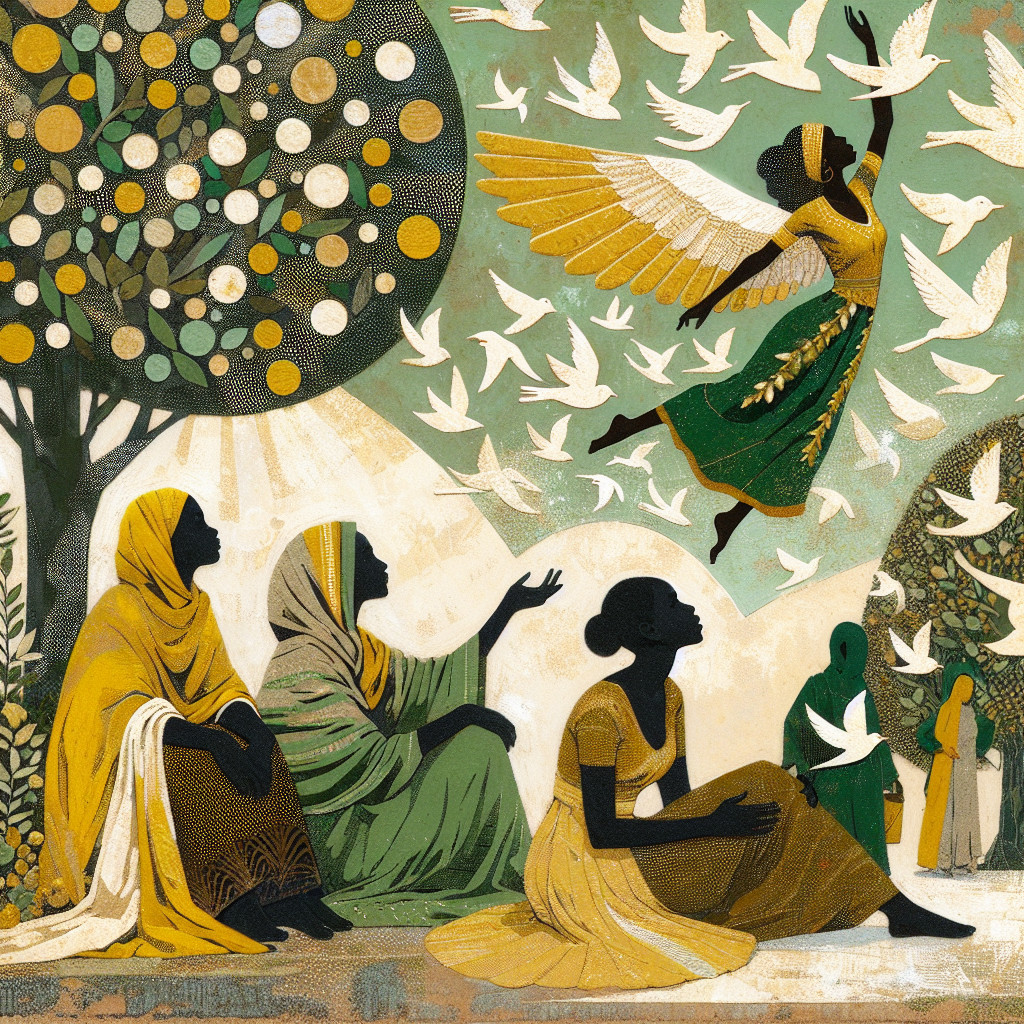 Vibrant Scene of Women with Wings and Doves
