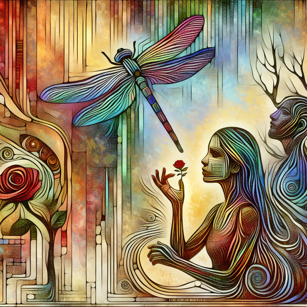 Vibrant Abstract Scene with Woman and Dragonfly