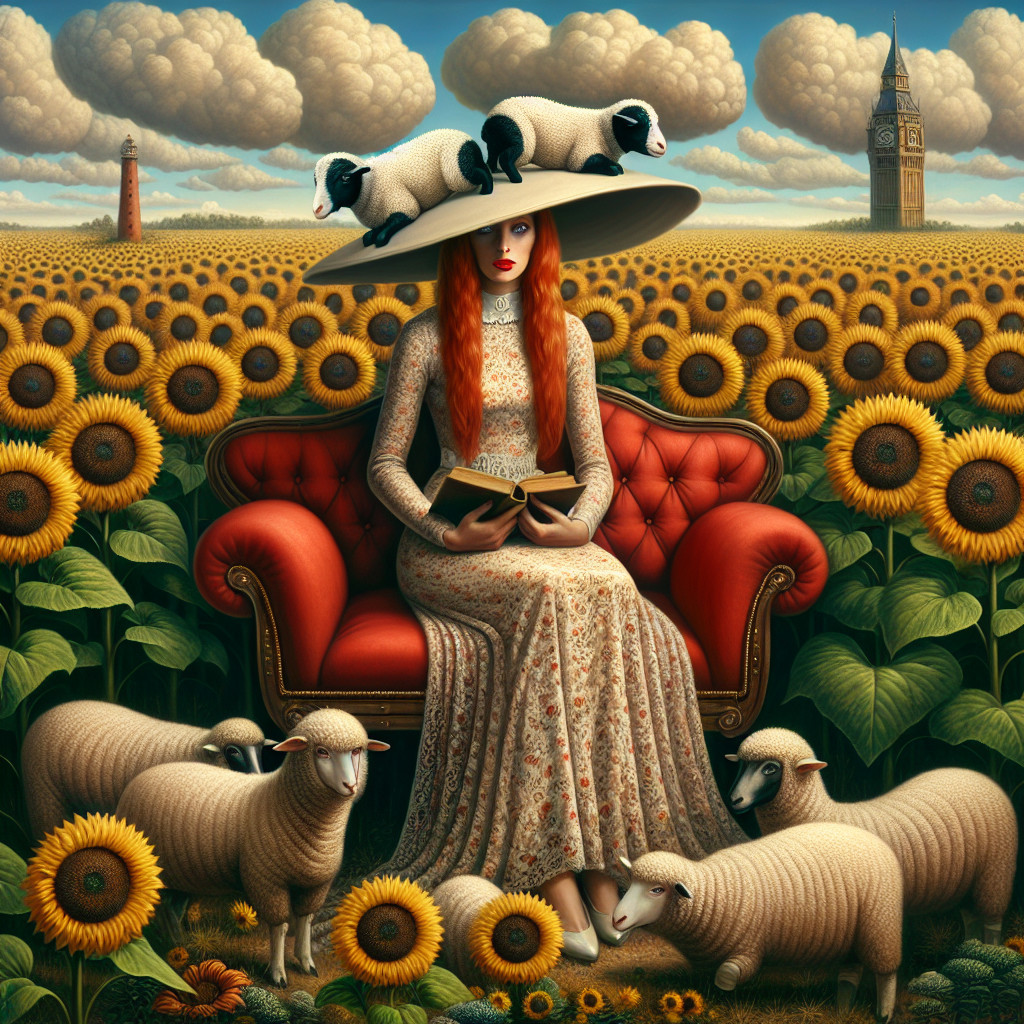 Surreal Landscape with Sunflowers and Red Couch Scene