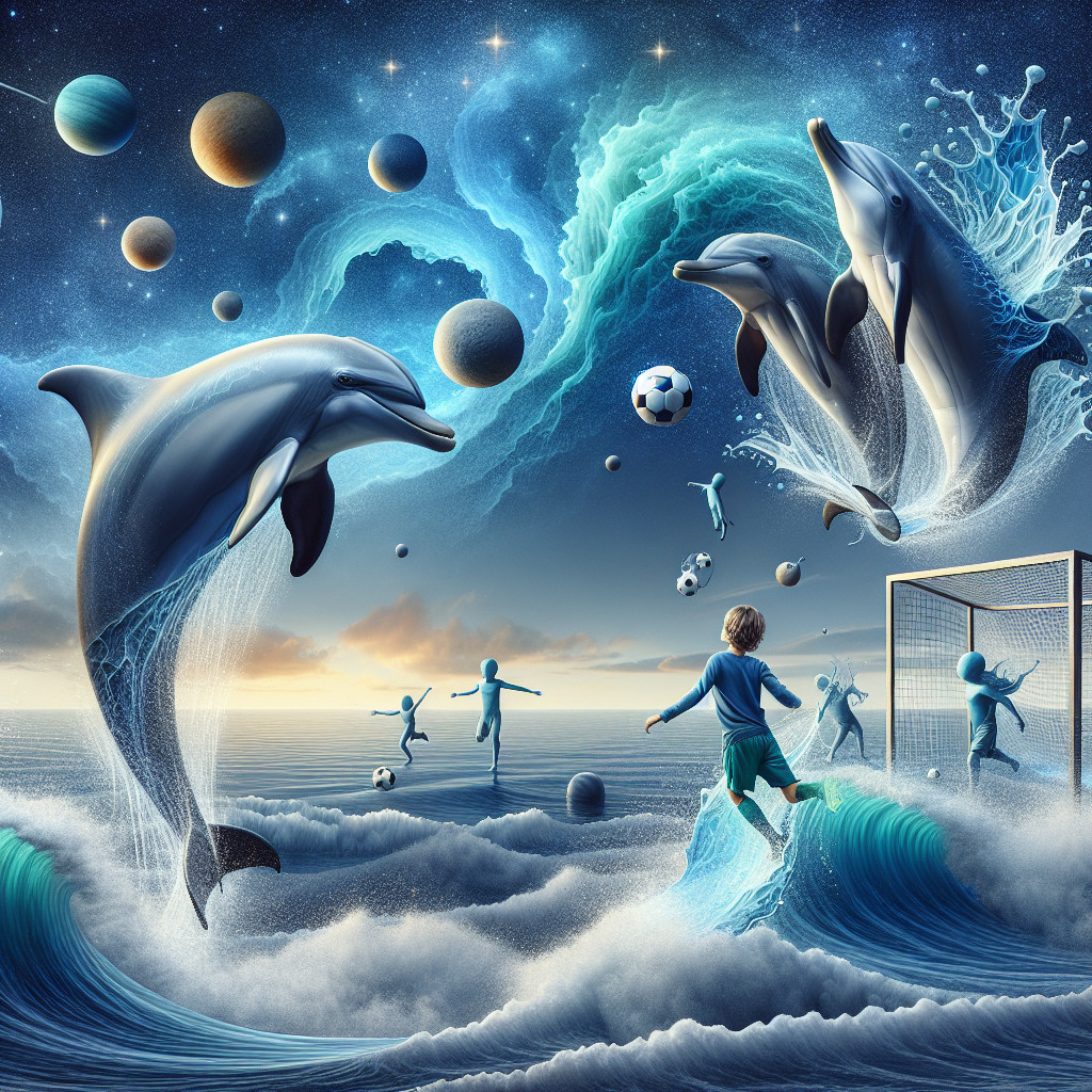 Dolphins and a Boy in a Cosmic Soccer Scene