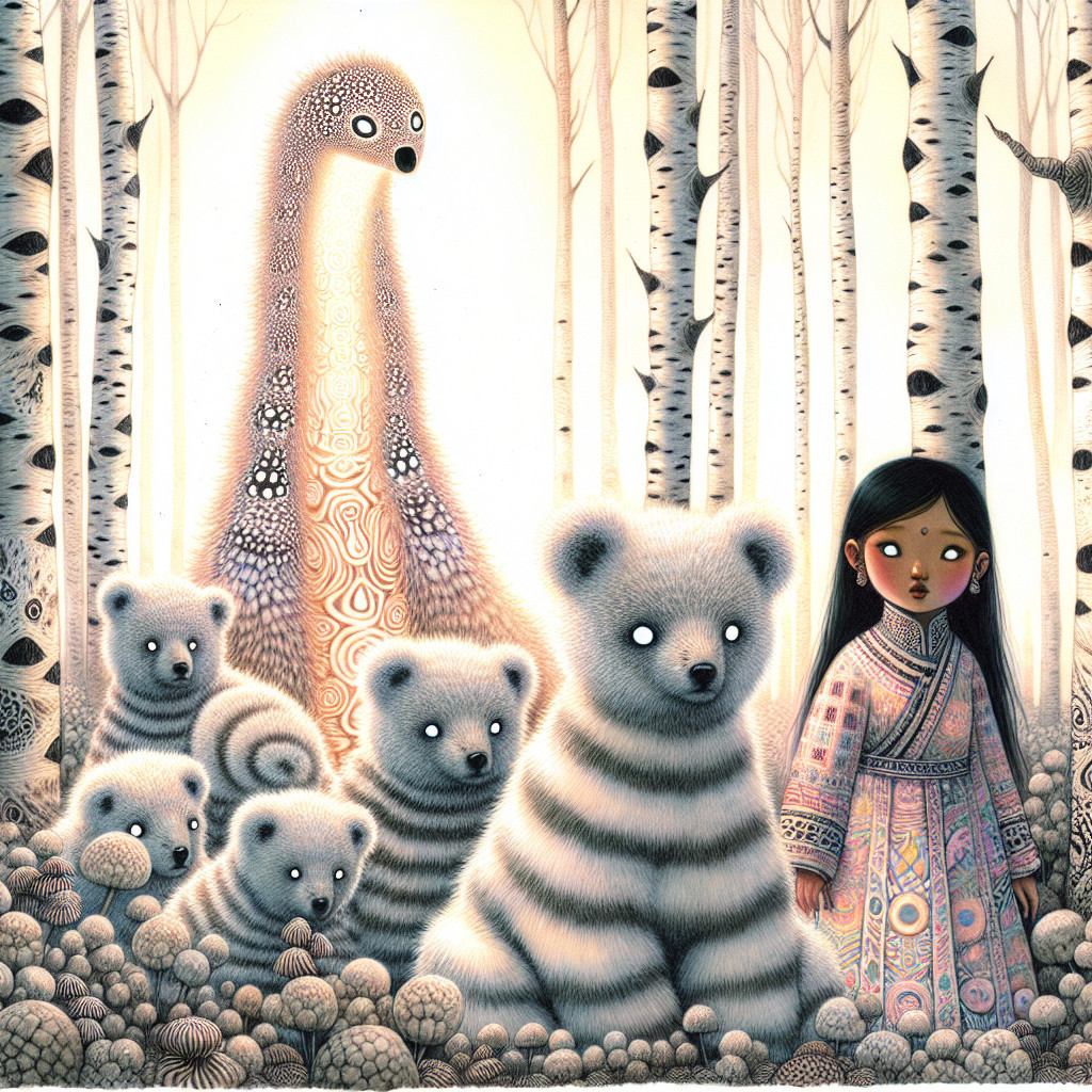 Whimsical Forest Scene with Girl and Bear Cubs