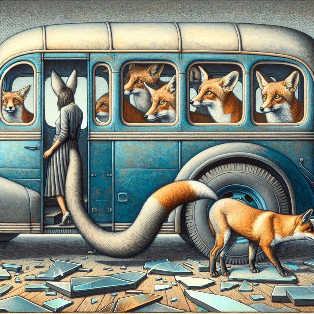 Vintage blue bus with foxes and glass shards
