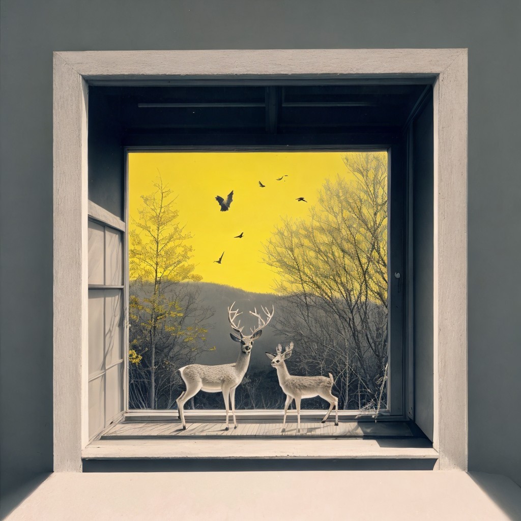 Window Frame View of Vibrant Landscape with Deer