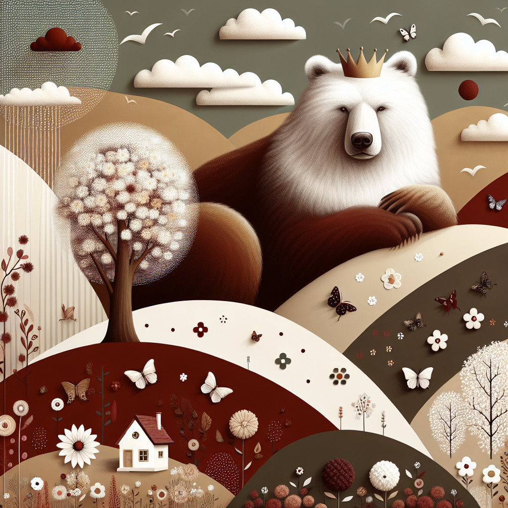 Whimsical Bear Illustration on a Colorful Hillside