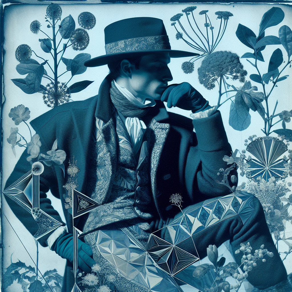 Cyanotype Portrait of Man in Blue Attire and Botanicals