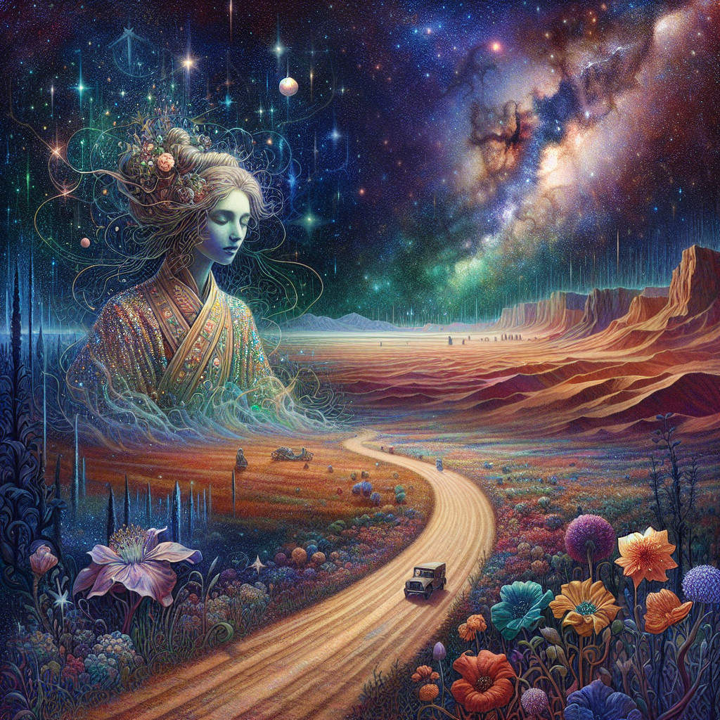 Cosmic Landscape with Ethereal Figure and Stars